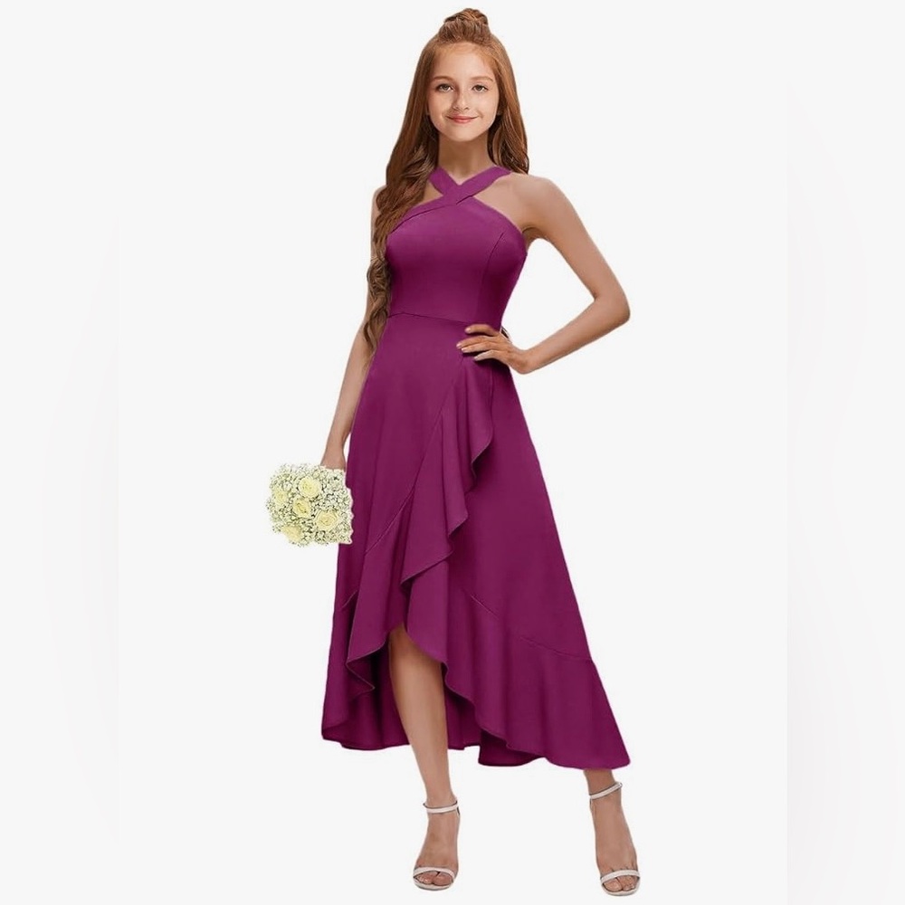 Junior Plum Color Bridesmaid Dress for Teen Girls Chiffon Halter Hi-Lo